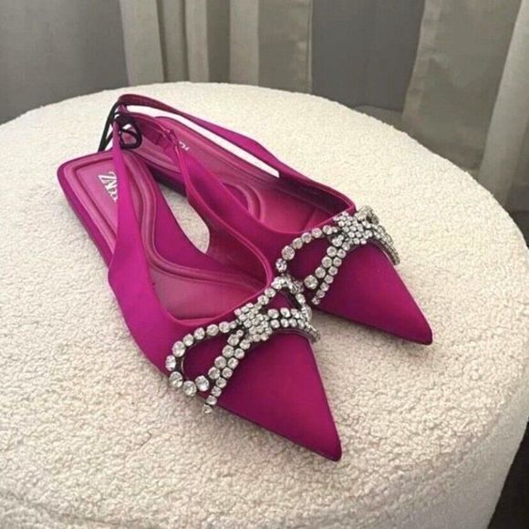 NEW ZARA WOMAN FLAT MULES WITH EMBELLISHED BOW FUC - Picture 4 of 6